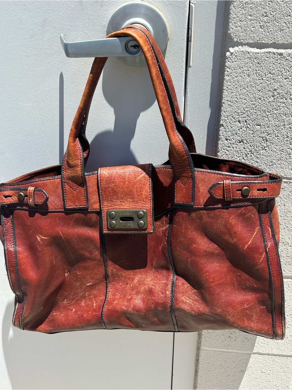 FOSSIL Vintage Distressed Cognac Leather Tote Bag Satchel